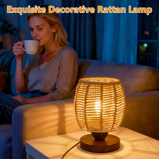 Rattan Table Lamp,Boho Wicker Woven Small Bedside Lamps for Bedroom Decor
