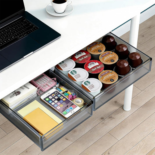 Under Desk Drawer Set of 2, Smooth Slide-Out Storage (Medium/Small), Thick PET Material, For Home Office, Desk & Coffee Table