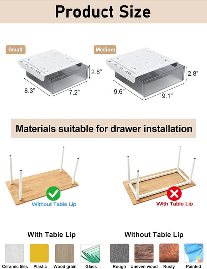 Under Desk Drawer Set of 2, Smooth Slide-Out Storage (Medium/Small), Thick PET Material, For Home Office, Desk & Coffee Table
