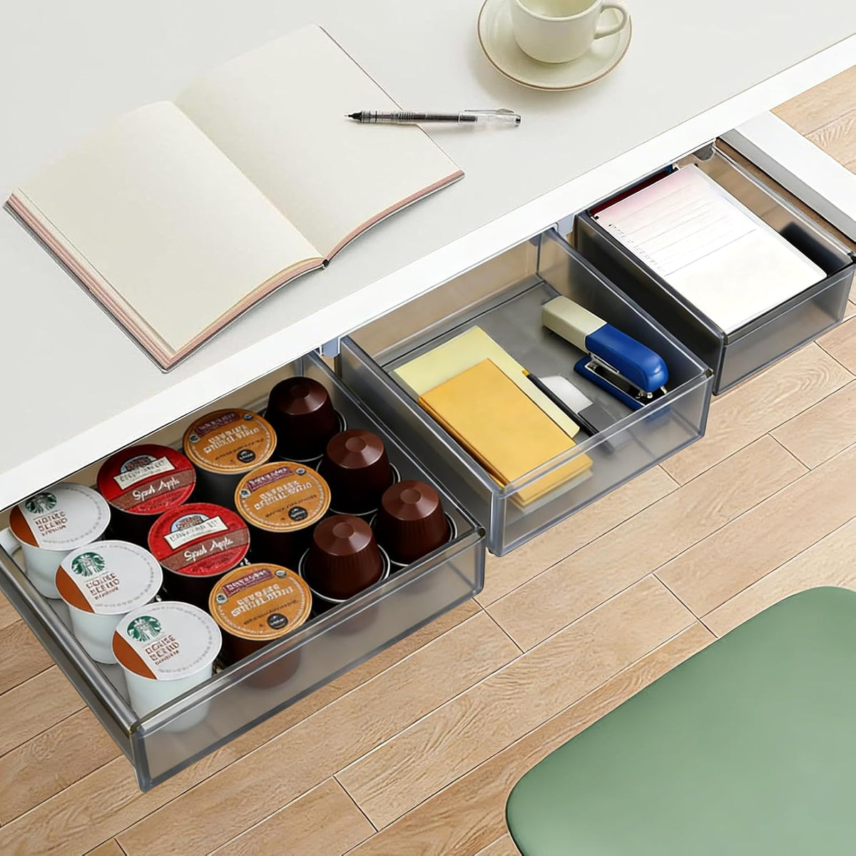 Under Desk Drawer Set of 2, Smooth Slide-Out Storage (Medium/Small), Thick PET Material, For Home Office, Desk & Coffee Table