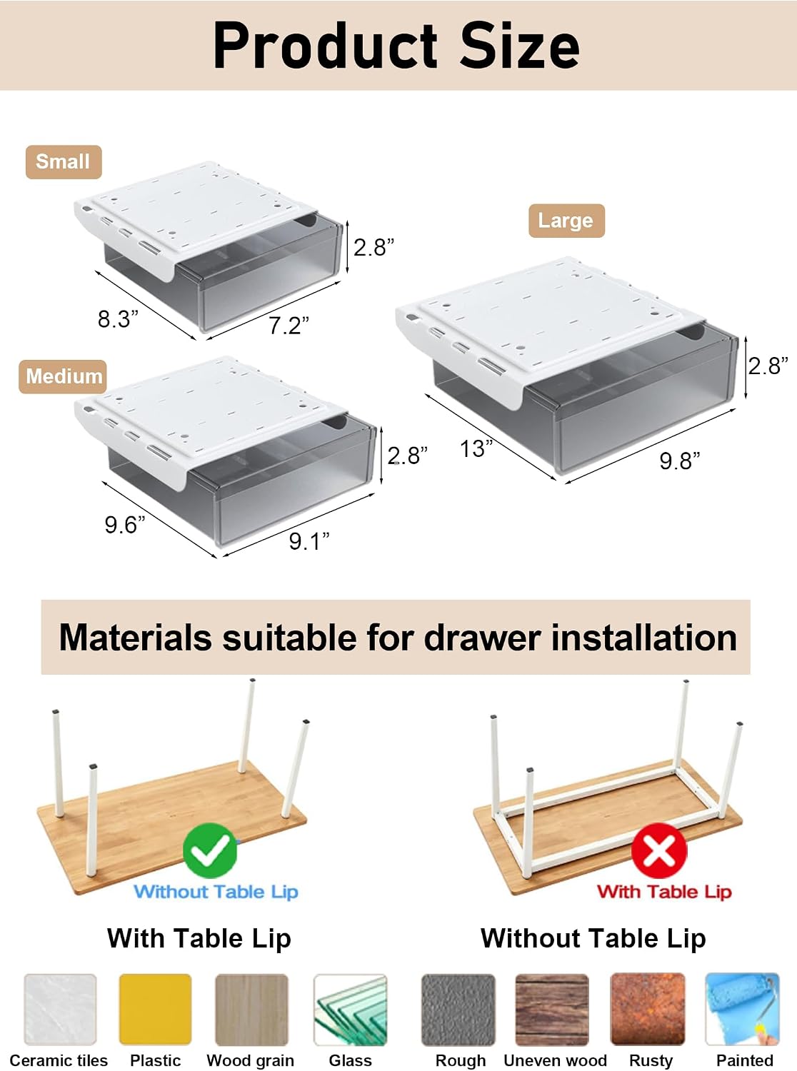 Under Desk Drawer Set of 2, Smooth Slide-Out Storage (Medium/Small), Thick PET Material, For Home Office, Desk & Coffee Table