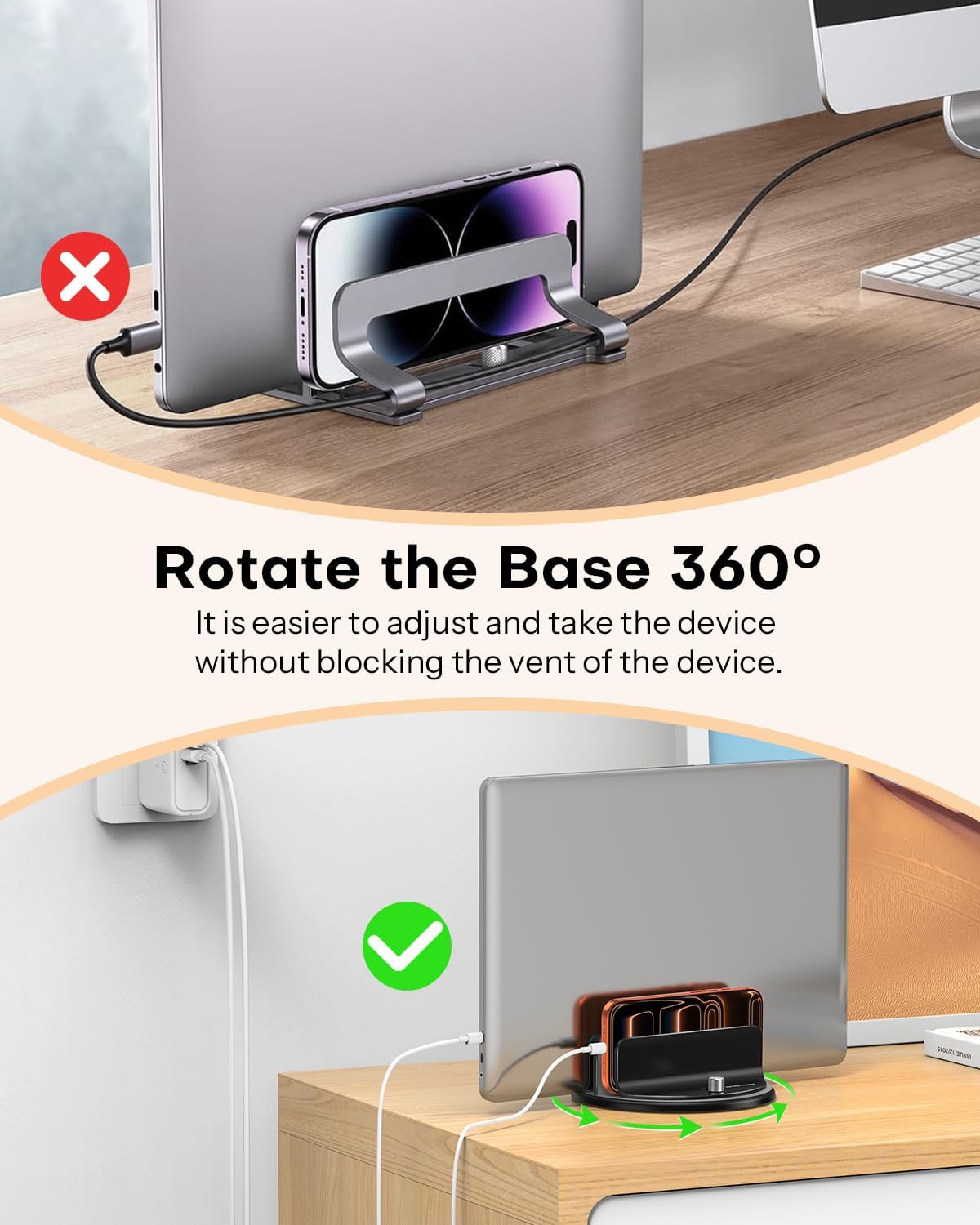 360° Vertical Laptop Stand Holder, Dual-Slot Aluminum Desk Organizer