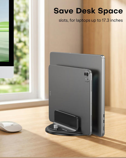 360° Vertical Laptop Stand Holder, Dual-Slot Aluminum Desk Organizer
