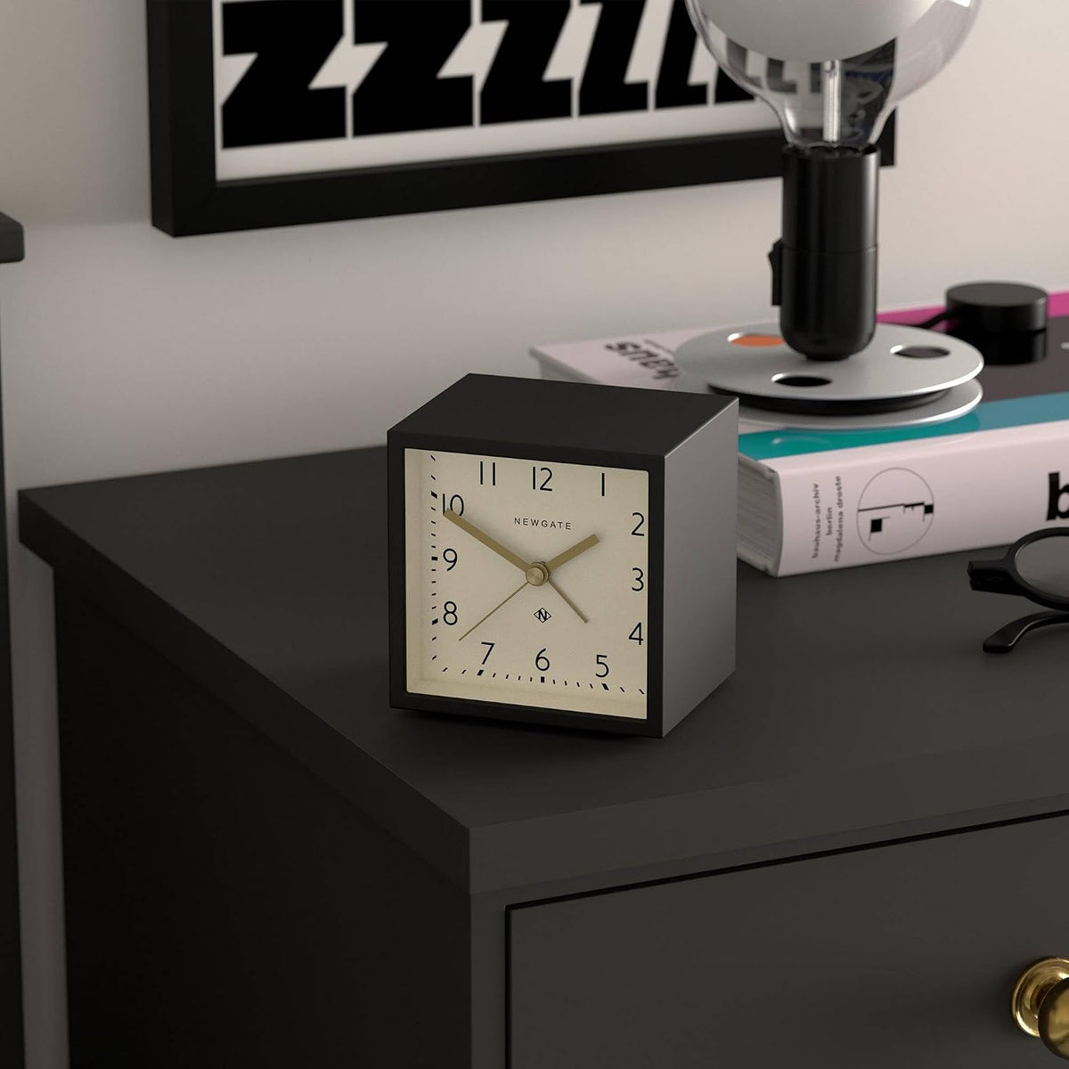 ® Equinox Alarm Clock | Design-led Cube Shaped Modern Alarm | Black | Ideal for Bedside, Desk, Shelf & Mantel | Mid-Century Bedroom & Office Accessory