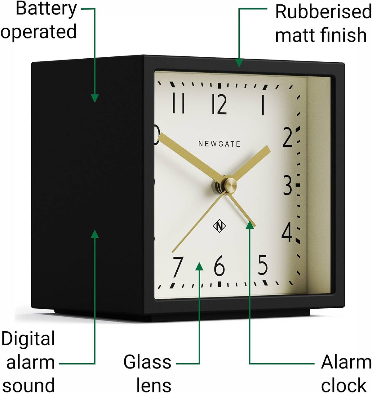 ® Equinox Alarm Clock | Design-led Cube Shaped Modern Alarm | Black | Ideal for Bedside, Desk, Shelf & Mantel | Mid-Century Bedroom & Office Accessory