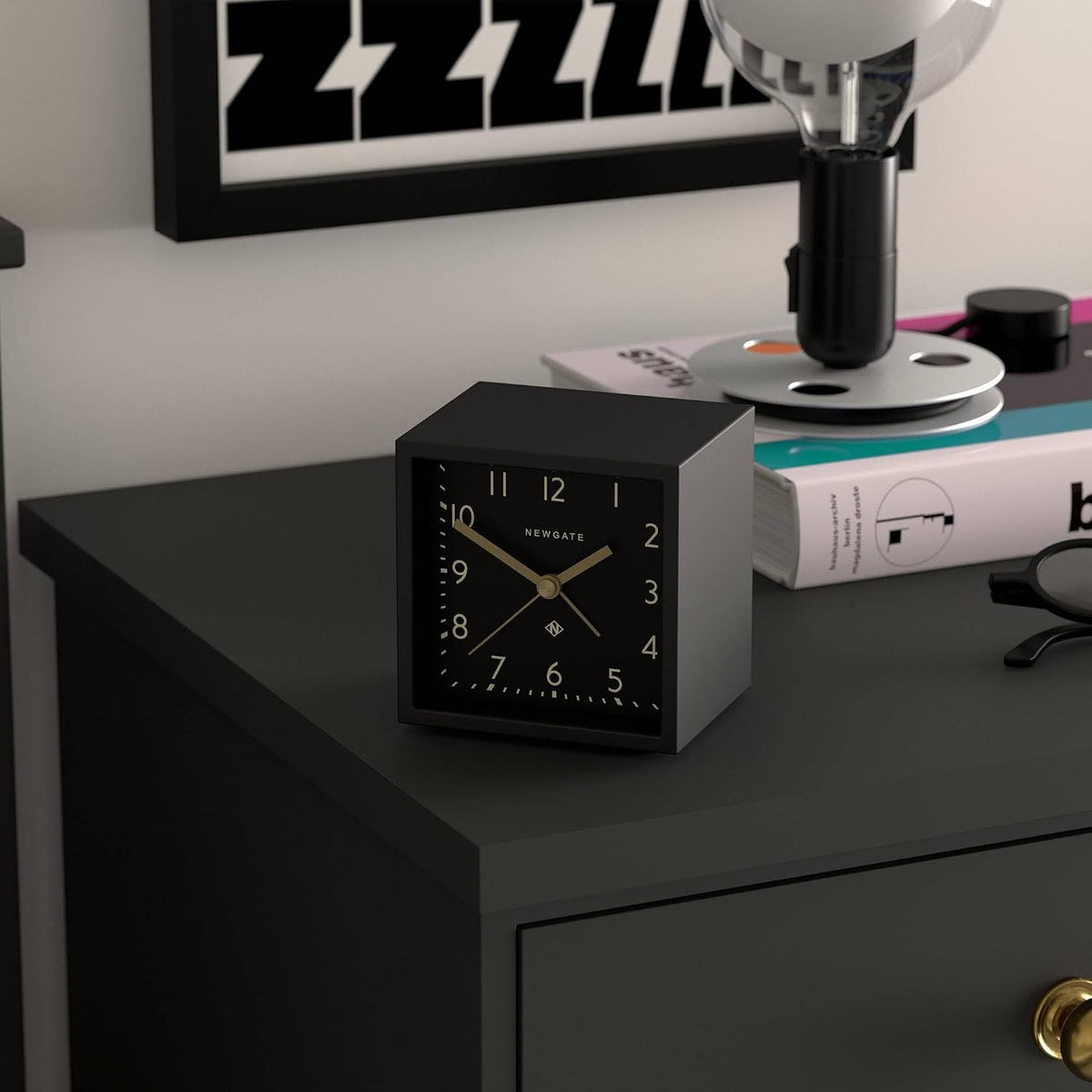 ® Equinox Alarm Clock | Design-led Cube Shaped Modern Alarm | Black | Ideal for Bedside, Desk, Shelf & Mantel | Mid-Century Bedroom & Office Accessory