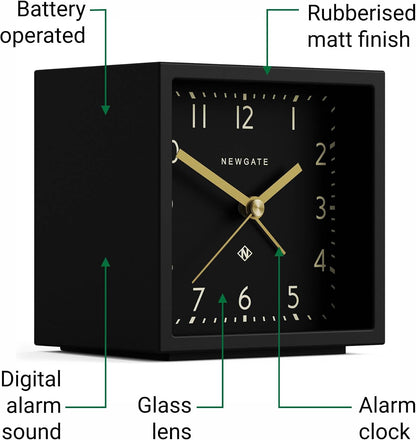 ® Equinox Alarm Clock | Design-led Cube Shaped Modern Alarm | Black | Ideal for Bedside, Desk, Shelf & Mantel | Mid-Century Bedroom & Office Accessory