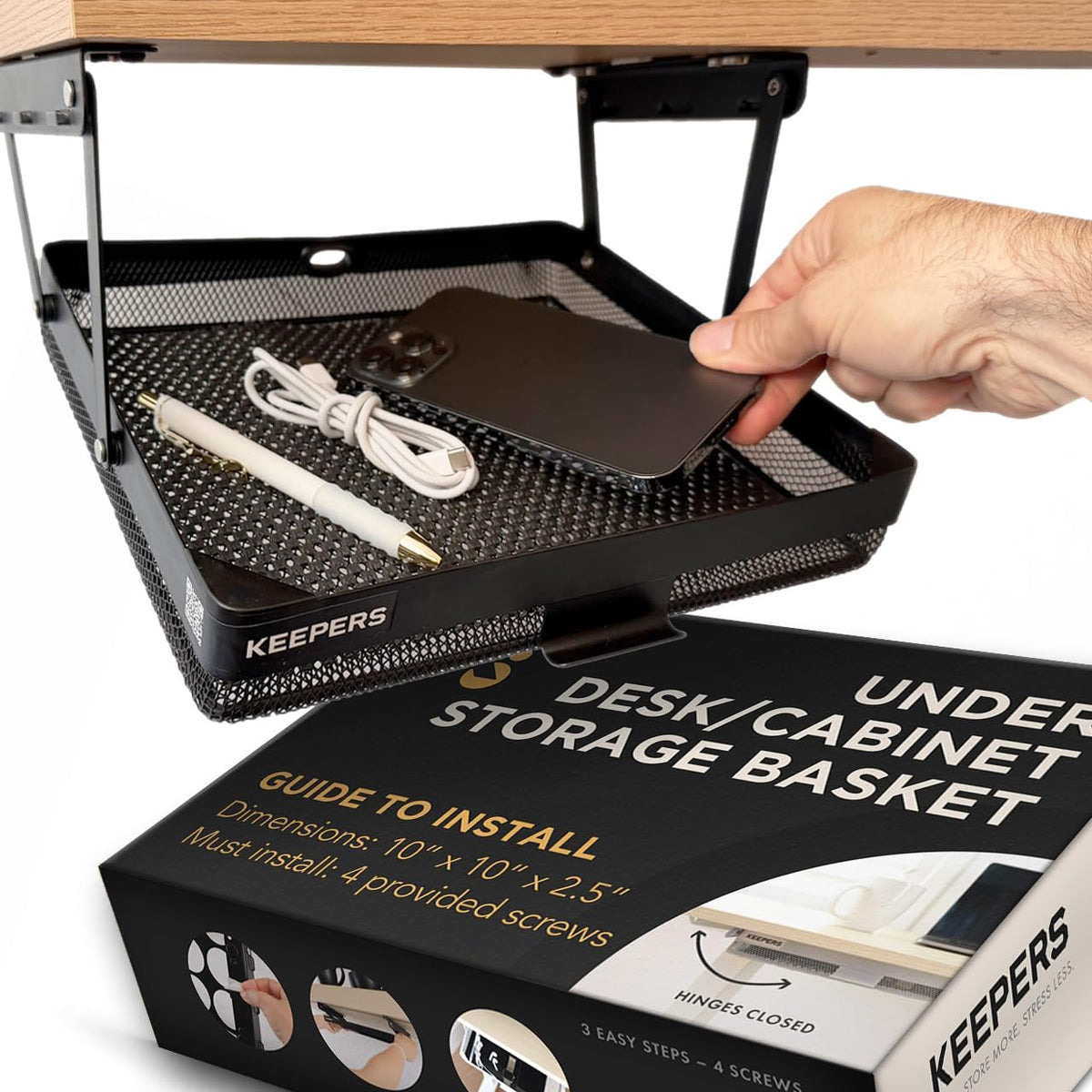 KEEPERS Anything Keeper — Compact 11x10in Under-Cabinet Slide-Out Drawer, Hidden Steel Organizer for K-Cups & Desk Items, RV & Small Kitchen — Black