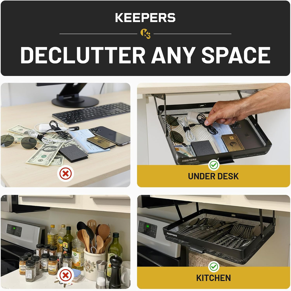 KEEPERS Anything Keeper — Compact 11x10in Under-Cabinet Slide-Out Drawer, Hidden Steel Organizer for K-Cups & Desk Items, RV & Small Kitchen — Black