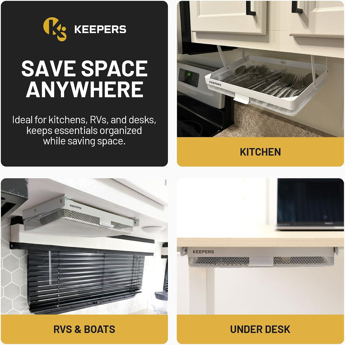 KEEPERS Anything Keeper — Compact 11x10in Under-Cabinet Slide-Out Drawer, Hidden Steel Organizer for K-Cups & Desk Items, RV & Small Kitchen — Black