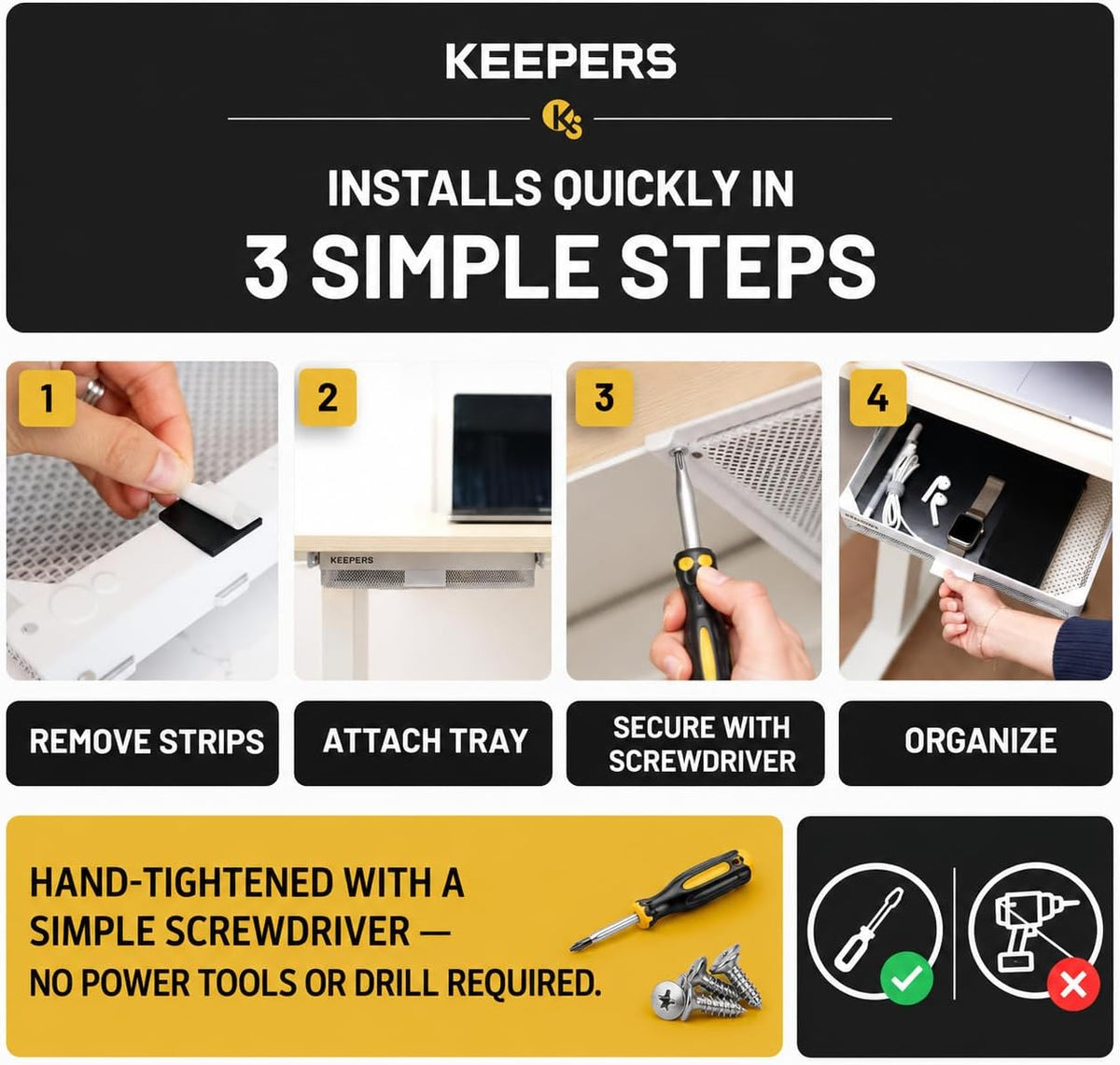 KEEPERS Anything Keeper — Compact 11x10in Under-Cabinet Slide-Out Drawer, Hidden Steel Organizer for K-Cups & Desk Items, RV & Small Kitchen — Black