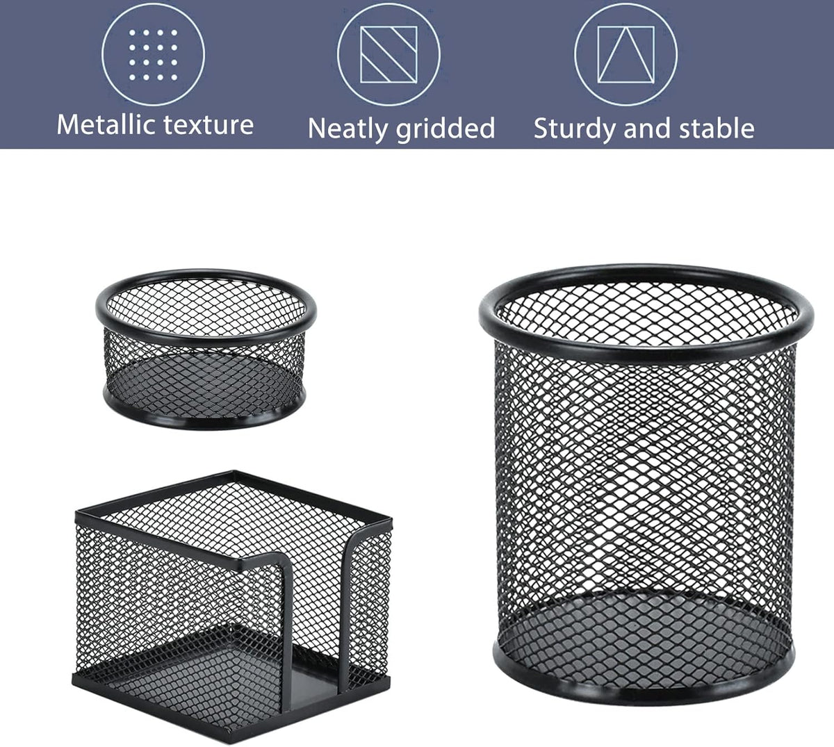 Pen Holder Desktop Pencil Organizer Metal Mesh Pen Cup Paper Clip Holder Memo Pad Holder Stationary Organizer for Desk 3 Pieces of a Set