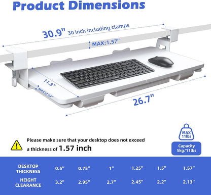 Keyboard Tray Under Desk with Drawer,26.77" X 11.81"Large Size Keyboard Tray with C Clamp-on Mount, Easy to Install, for Home Office (White)