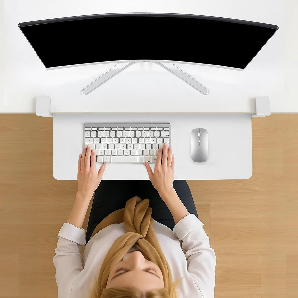 Keyboard Tray Under Desk with Drawer,26.77" X 11.81"Large Size Keyboard Tray with C Clamp-on Mount, Easy to Install, for Home Office (White)