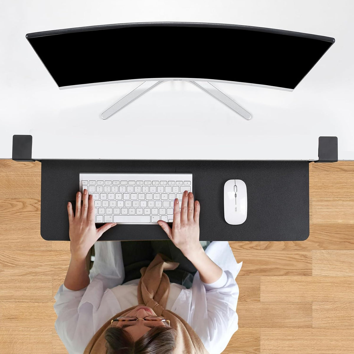 Keyboard Tray Under Desk with Drawer,26.77" X 11.81"Large Size Keyboard Tray with C Clamp-on Mount, Easy to Install, for Home Office (White)