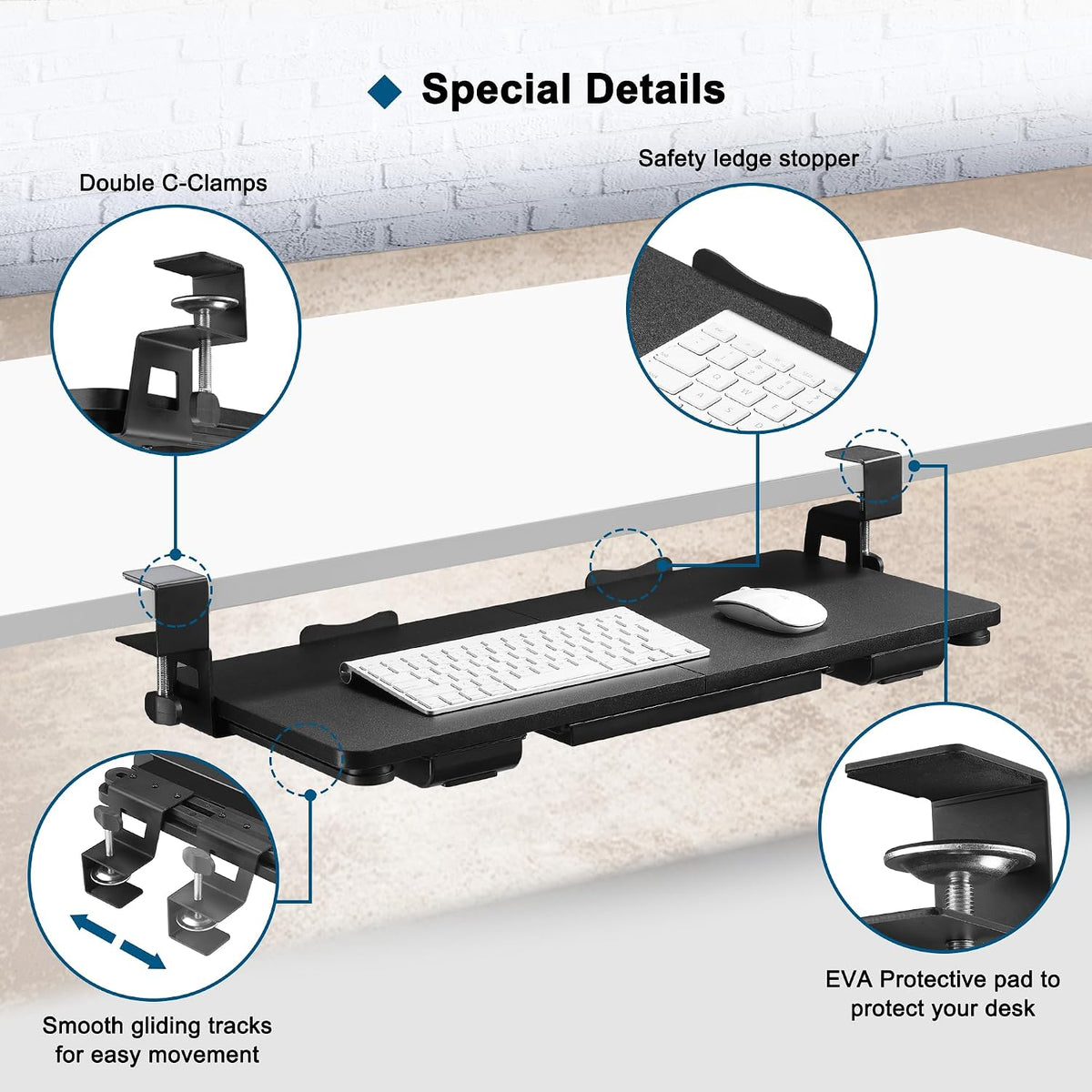 Keyboard Tray Under Desk with Drawer,26.77" X 11.81"Large Size Keyboard Tray with C Clamp-on Mount, Easy to Install, for Home Office (White)