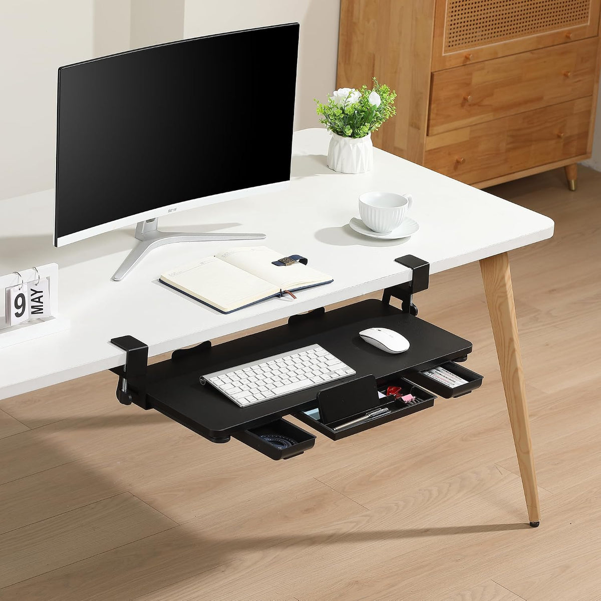 Keyboard Tray Under Desk with Drawer,26.77" X 11.81"Large Size Keyboard Tray with C Clamp-on Mount, Easy to Install, for Home Office (White)