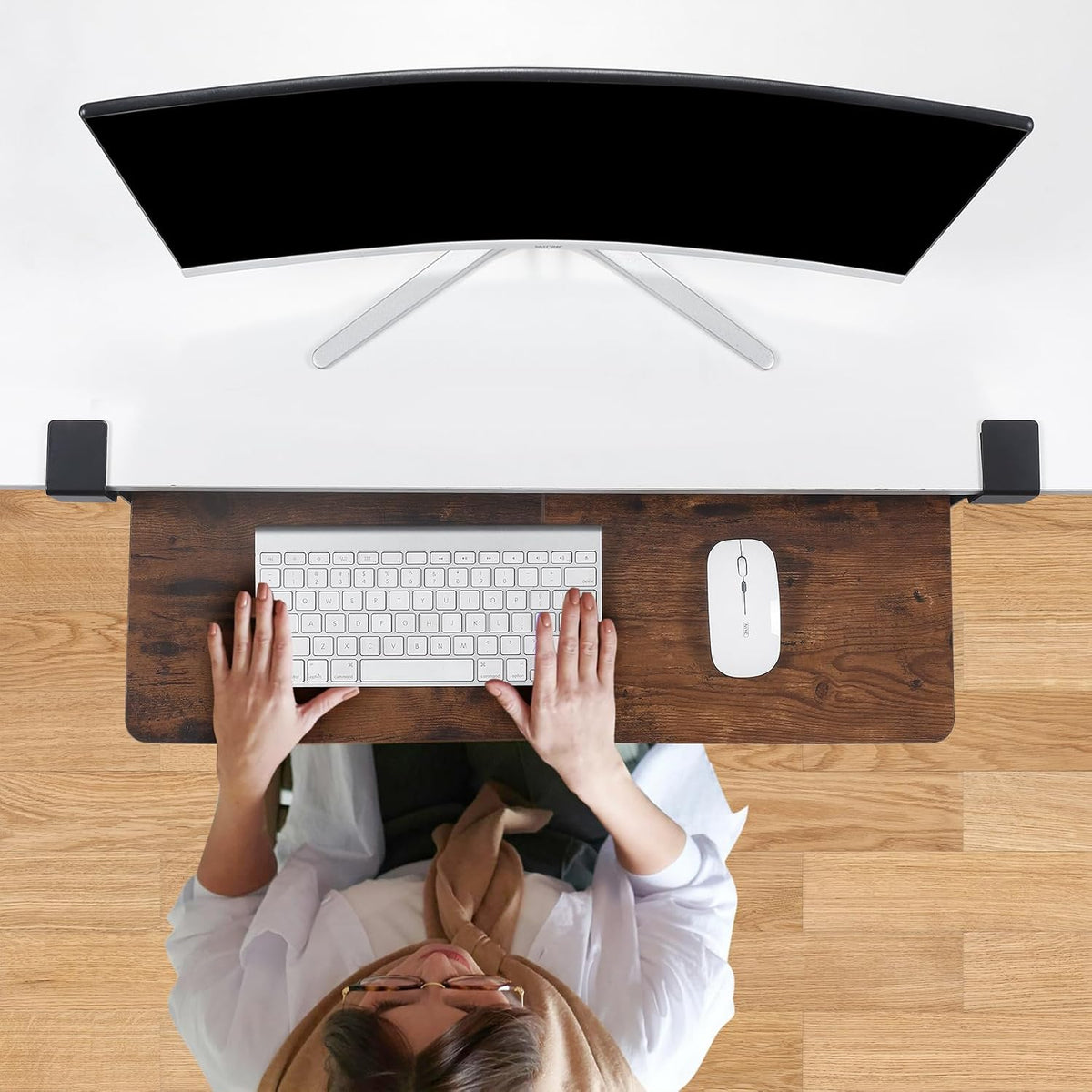 Keyboard Tray Under Desk with Drawer,26.77" X 11.81"Large Size Keyboard Tray with C Clamp-on Mount, Easy to Install, for Home Office (White)