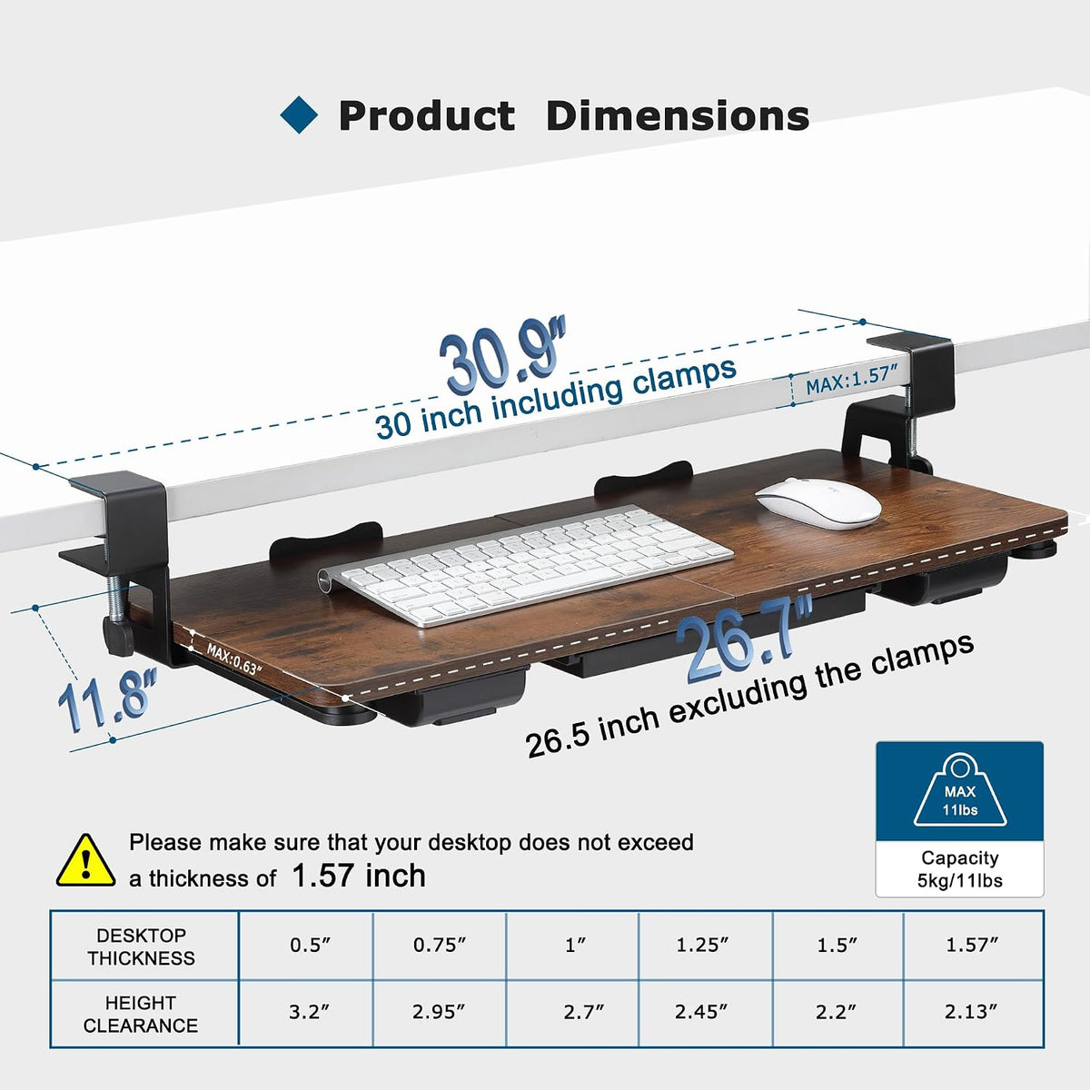 Keyboard Tray Under Desk with Drawer,26.77" X 11.81"Large Size Keyboard Tray with C Clamp-on Mount, Easy to Install, for Home Office (White)