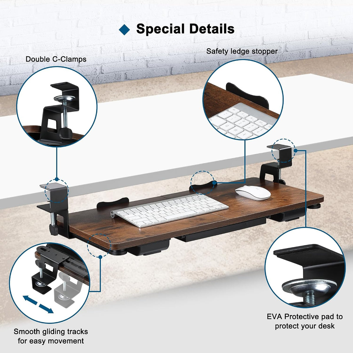 Keyboard Tray Under Desk with Drawer,26.77" X 11.81"Large Size Keyboard Tray with C Clamp-on Mount, Easy to Install, for Home Office (White)