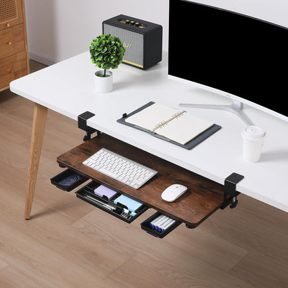 Keyboard Tray Under Desk with Drawer,26.77" X 11.81"Large Size Keyboard Tray with C Clamp-on Mount, Easy to Install, for Home Office (White)