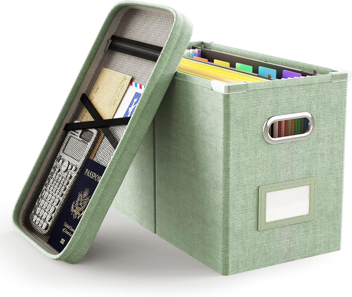 File Organizer Box with Lid, Hanging Filing File Box with Mesh Pocket, Document Organizer Box for Letter Files, Portable Storage Box(Green)
