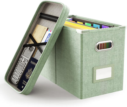 File Organizer Box with Lid, Hanging Filing File Box with Mesh Pocket, Document Organizer Box for Letter Files, Portable Storage Box(Green)