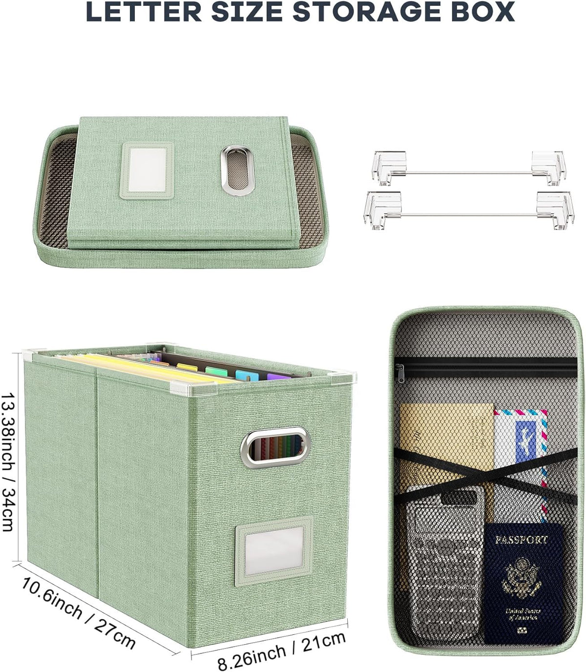 File Organizer Box with Lid, Hanging Filing File Box with Mesh Pocket, Document Organizer Box for Letter Files, Portable Storage Box(Green)