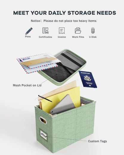 File Organizer Box with Lid, Hanging Filing File Box with Mesh Pocket, Document Organizer Box for Letter Files, Portable Storage Box(Green)