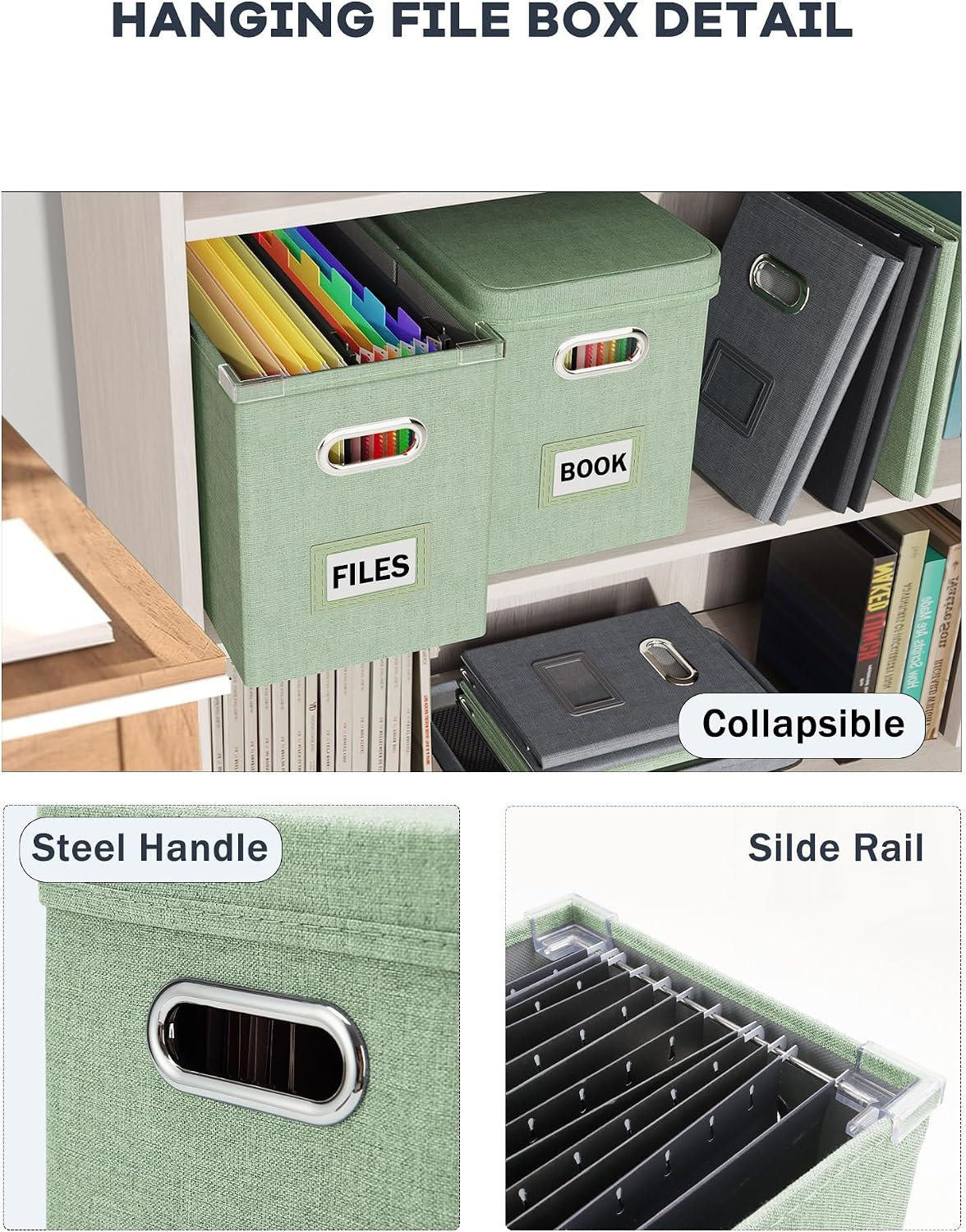 File Organizer Box with Lid, Hanging Filing File Box with Mesh Pocket, Document Organizer Box for Letter Files, Portable Storage Box(Green)