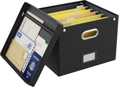 File Organizer Box with Lid, Hanging Filing File Box with Mesh Pocket, Document Organizer Box for Letter Files, Portable Storage Box(Green)