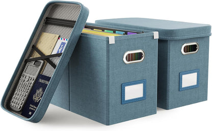 File Organizer Box with Lid, Hanging Filing File Box with Mesh Pocket, Document Organizer Box for Letter Files, Portable Storage Box(Green)