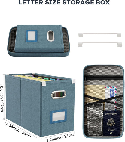 File Organizer Box with Lid, Hanging Filing File Box with Mesh Pocket, Document Organizer Box for Letter Files, Portable Storage Box(Green)