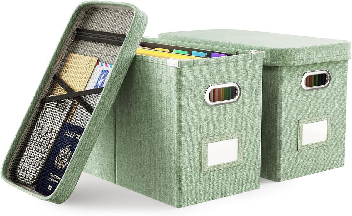 File Organizer Box with Lid, Hanging Filing File Box with Mesh Pocket, Document Organizer Box for Letter Files, Portable Storage Box(Green)