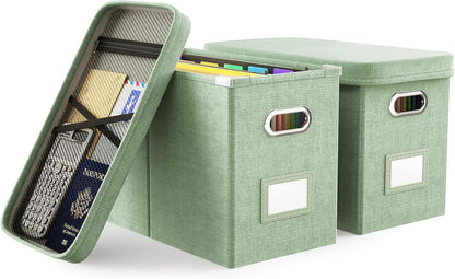 File Organizer Box with Lid, Hanging Filing File Box with Mesh Pocket, Document Organizer Box for Letter Files, Portable Storage Box(Green)