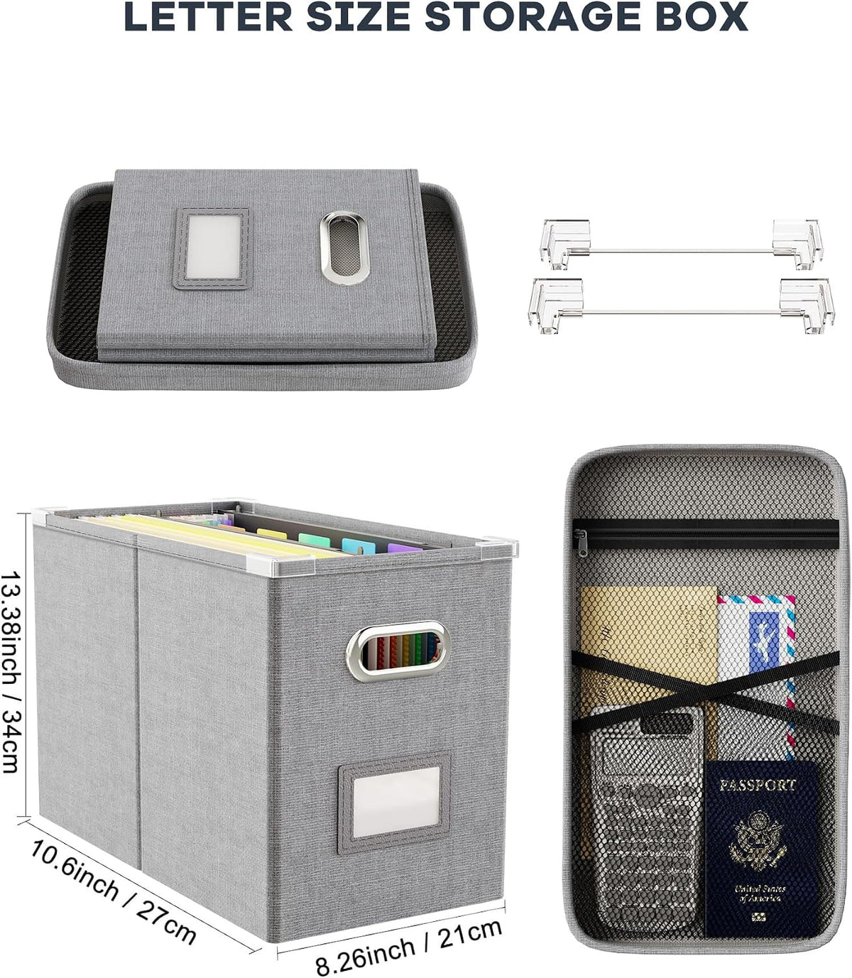 File Organizer Box with Lid, Hanging Filing File Box with Mesh Pocket, Document Organizer Box for Letter Files, Portable Storage Box(Green)