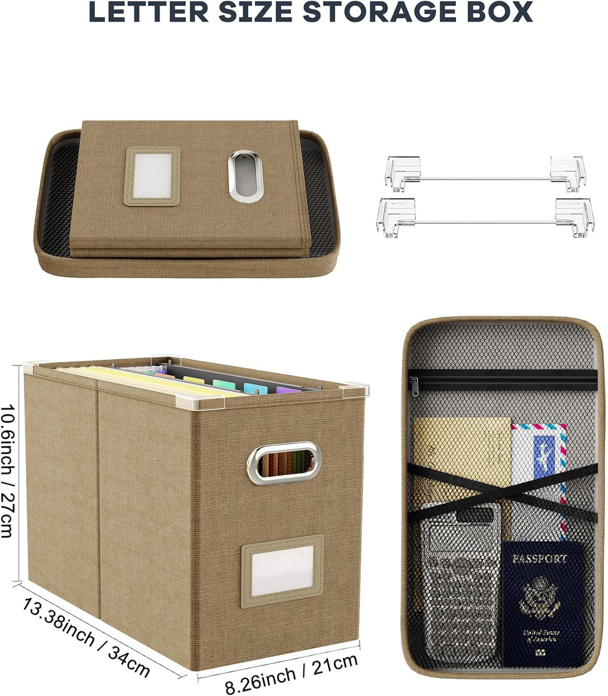 File Organizer Box with Lid, Hanging Filing File Box with Mesh Pocket, Document Organizer Box for Letter Files, Portable Storage Box(Green)