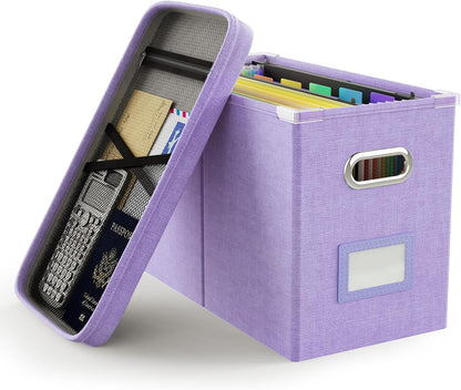 File Organizer Box with Lid, Hanging Filing File Box with Mesh Pocket, Document Organizer Box for Letter Files, Portable Storage Box(Green)