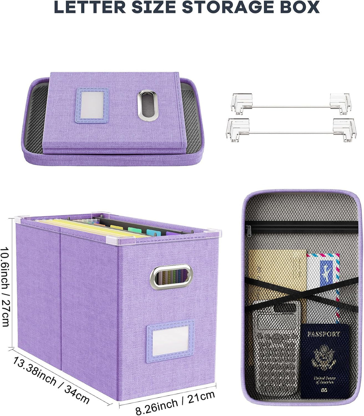 File Organizer Box with Lid, Hanging Filing File Box with Mesh Pocket, Document Organizer Box for Letter Files, Portable Storage Box(Green)