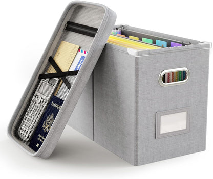 File Organizer Box with Lid, Hanging Filing File Box with Mesh Pocket, Document Organizer Box for Letter Files, Portable Storage Box(Green)