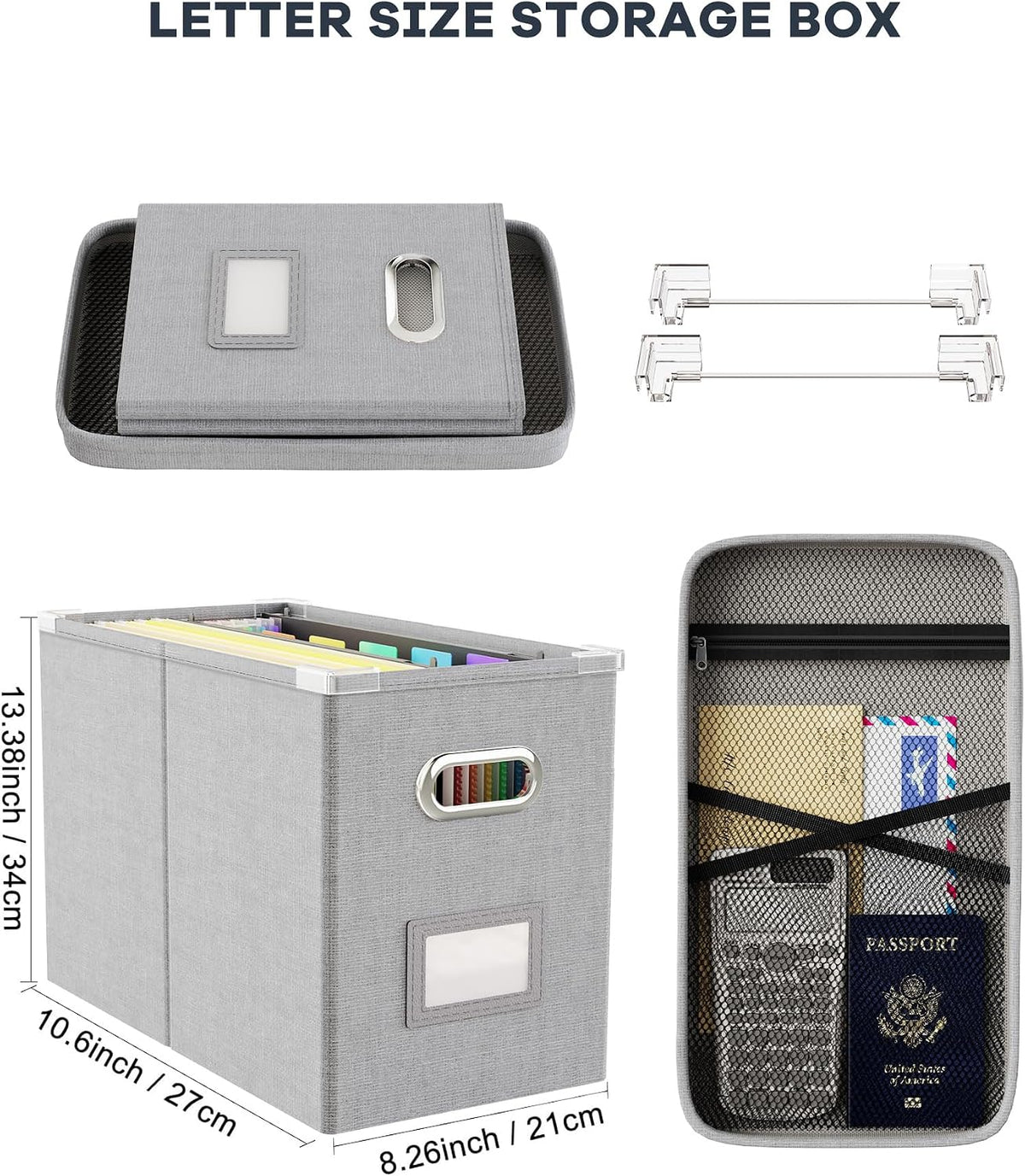 File Organizer Box with Lid, Hanging Filing File Box with Mesh Pocket, Document Organizer Box for Letter Files, Portable Storage Box(Green)