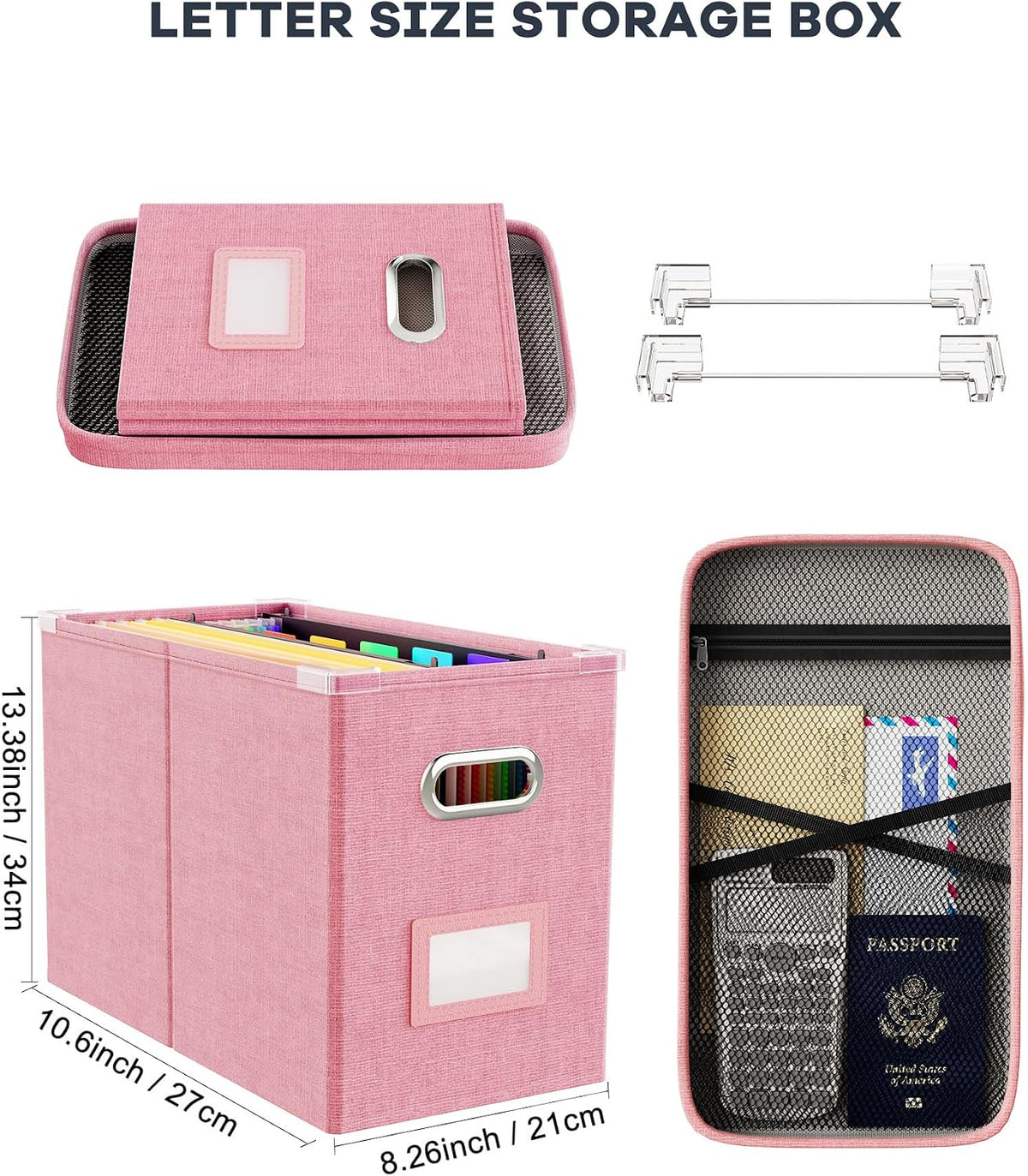 File Organizer Box with Lid, Hanging Filing File Box with Mesh Pocket, Document Organizer Box for Letter Files, Portable Storage Box(Green)