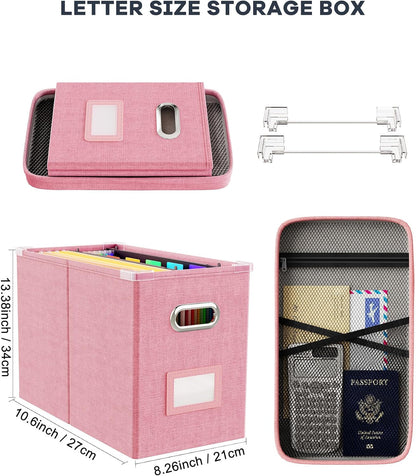 File Organizer Box with Lid, Hanging Filing File Box with Mesh Pocket, Document Organizer Box for Letter Files, Portable Storage Box(Green)