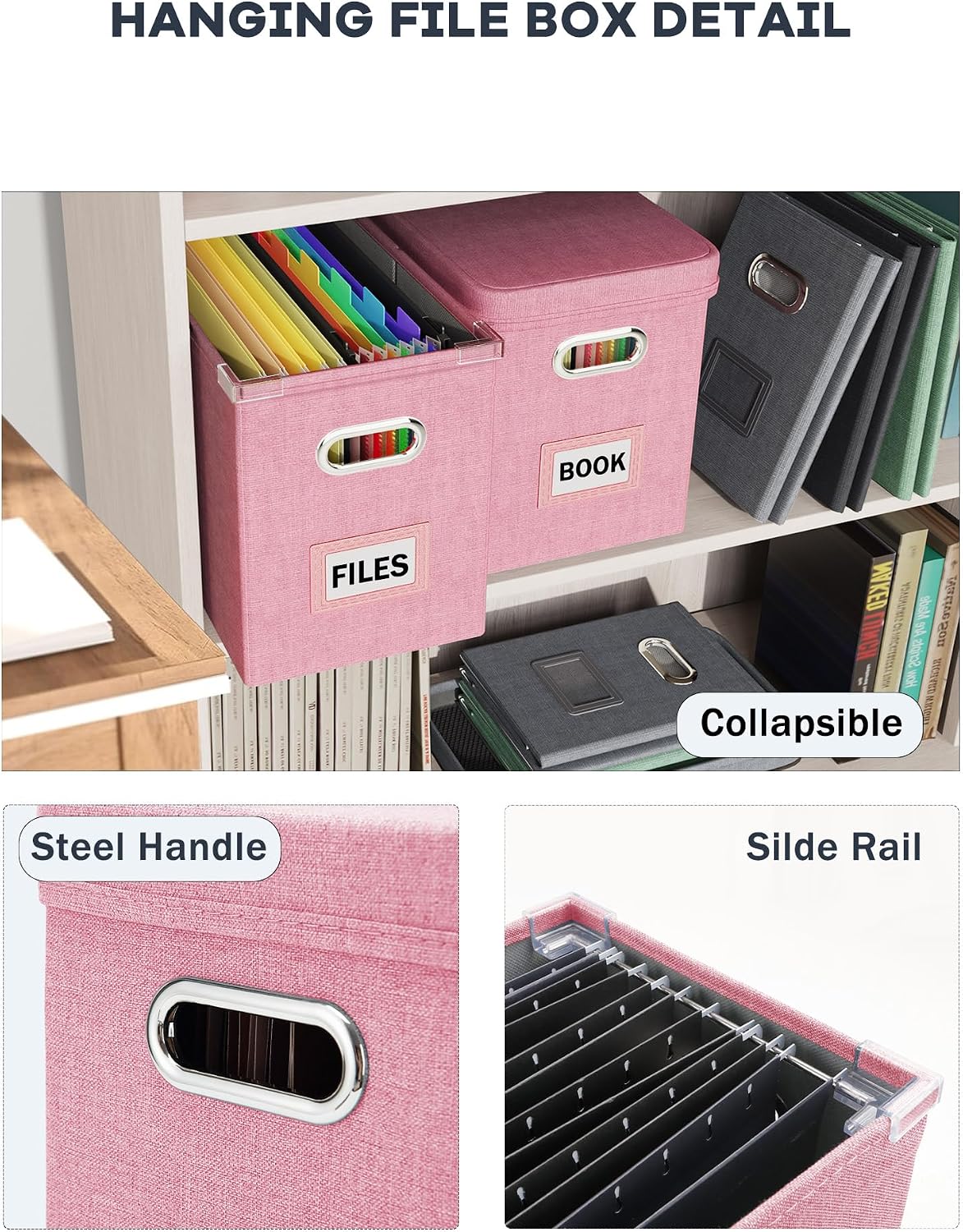 File Organizer Box with Lid, Hanging Filing File Box with Mesh Pocket, Document Organizer Box for Letter Files, Portable Storage Box(Green)