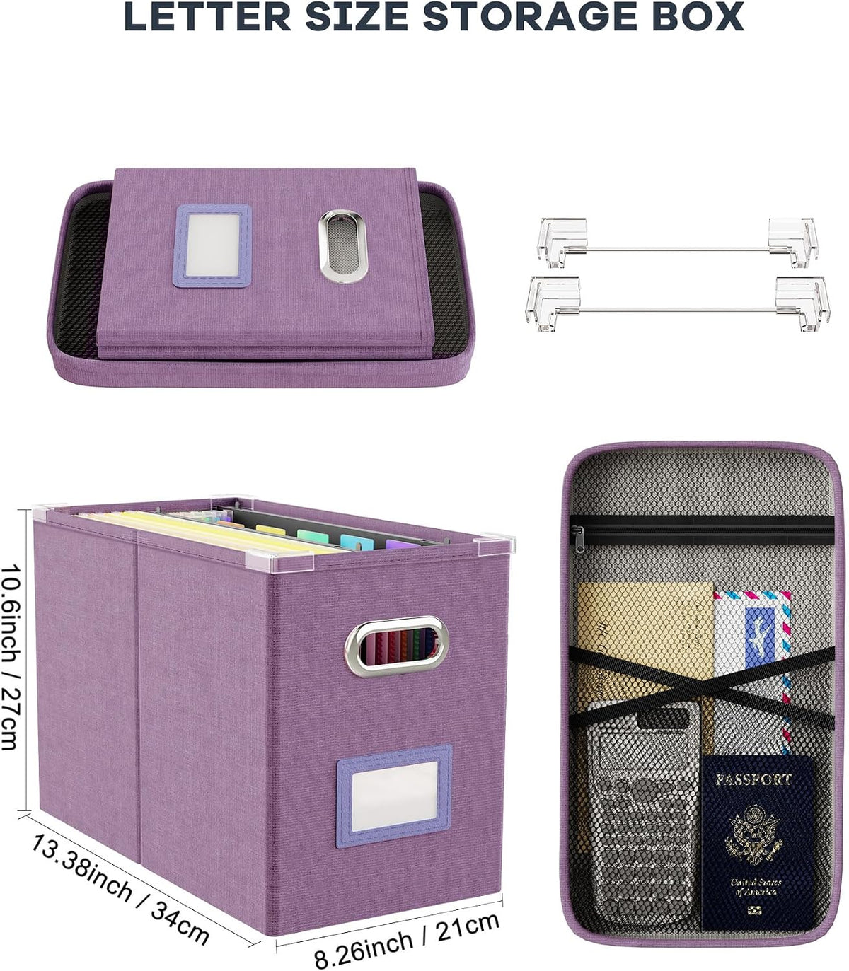 File Organizer Box with Lid, Hanging Filing File Box with Mesh Pocket, Document Organizer Box for Letter Files, Portable Storage Box(Green)