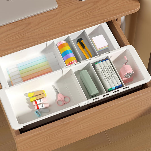 Expandable Drawer Organizer, 2 PCS Adjustable Drawer Organizer Trays, Drawer Dividers Organizers and Storage For Office Supplies, Pens, Makeup,Utensils, Tools, Flatware and Junks, White