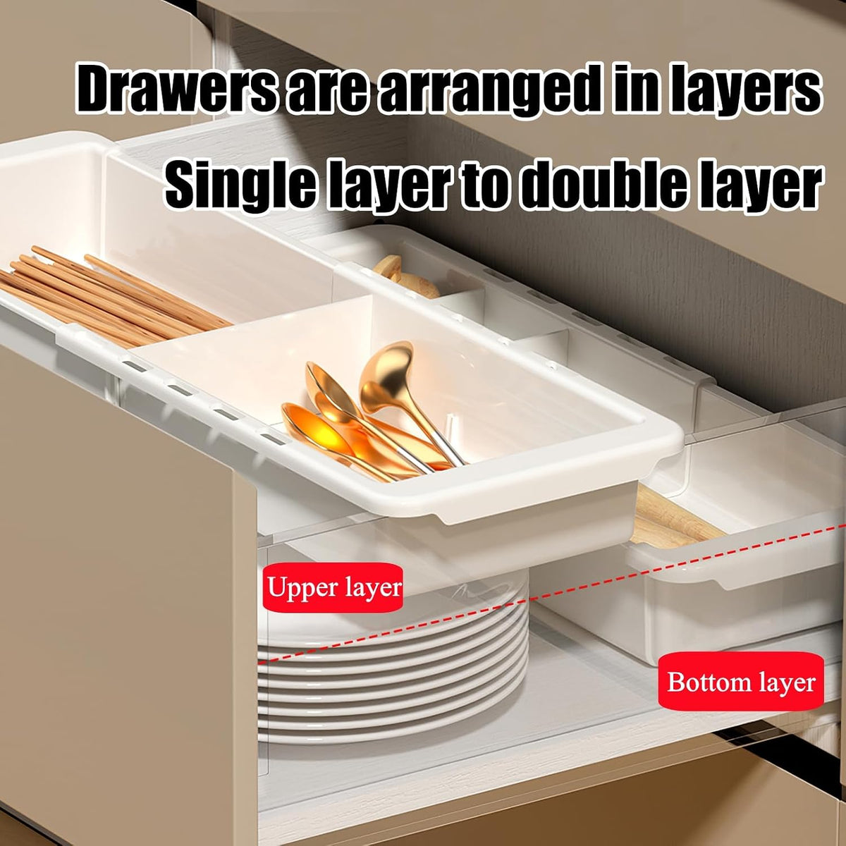 Expandable Drawer Organizer, 2 PCS Adjustable Drawer Organizer Trays, Drawer Dividers Organizers and Storage For Office Supplies, Pens, Makeup,Utensils, Tools, Flatware and Junks, White