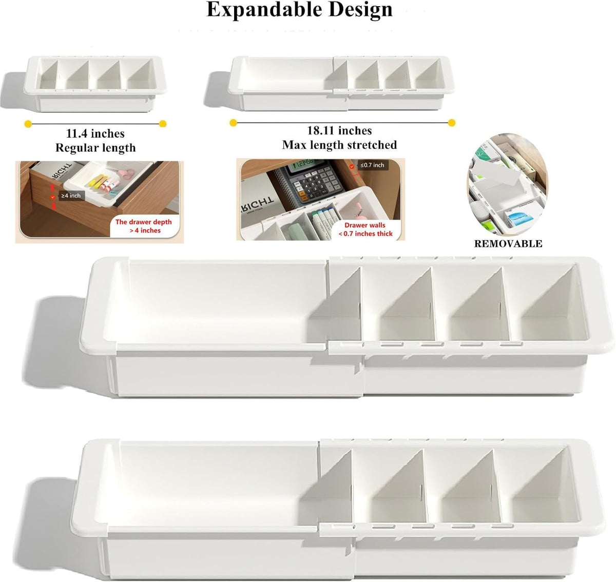 Expandable Drawer Organizer, 2 PCS Adjustable Drawer Organizer Trays, Drawer Dividers Organizers and Storage For Office Supplies, Pens, Makeup,Utensils, Tools, Flatware and Junks, White