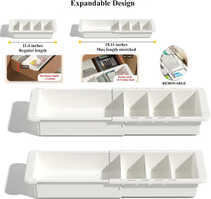 Expandable Drawer Organizer, 2 PCS Adjustable Drawer Organizer Trays, Drawer Dividers Organizers and Storage For Office Supplies, Pens, Makeup,Utensils, Tools, Flatware and Junks, White