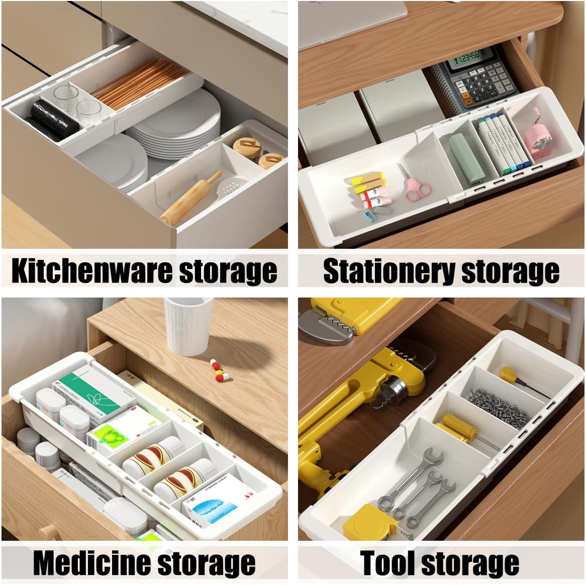 Expandable Drawer Organizer, 2 PCS Adjustable Drawer Organizer Trays, Drawer Dividers Organizers and Storage For Office Supplies, Pens, Makeup,Utensils, Tools, Flatware and Junks, White